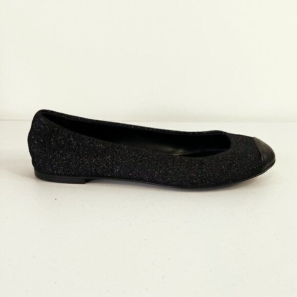 Giuseppe Zanotti Malika Black Leather Glitter Cap Toe Ballet Flats - Picture 1 of 7